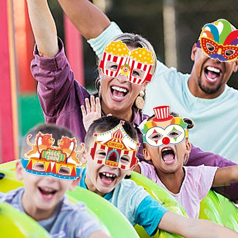 Circus Carnival Party Glasses Paper Photo Booth Props Clown Lion Tent Designs For Birthday Celebration Fun Decor