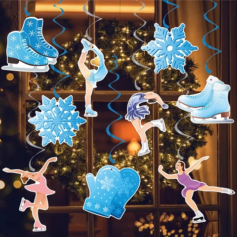 Banner Compleanno Pattinaggio Figura E Riccioli Appesi Carta Glitterata Blu Fiocco Di Neve Decorazioni Festa Invernale