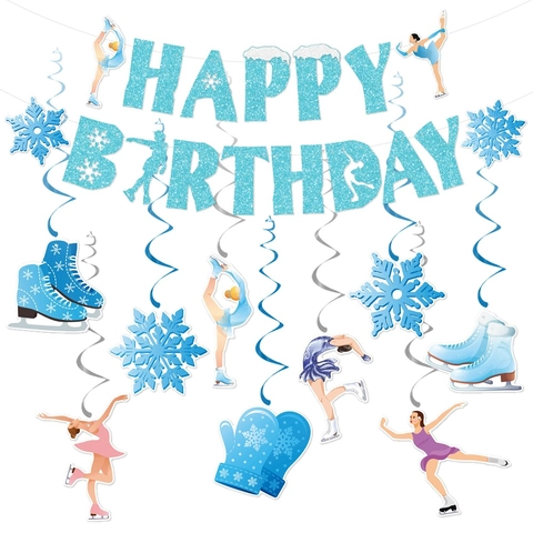 Banner Compleanno Pattinaggio Figura E Riccioli Appesi Carta Glitterata Blu Fiocco Di Neve Decorazioni Festa Invernale
