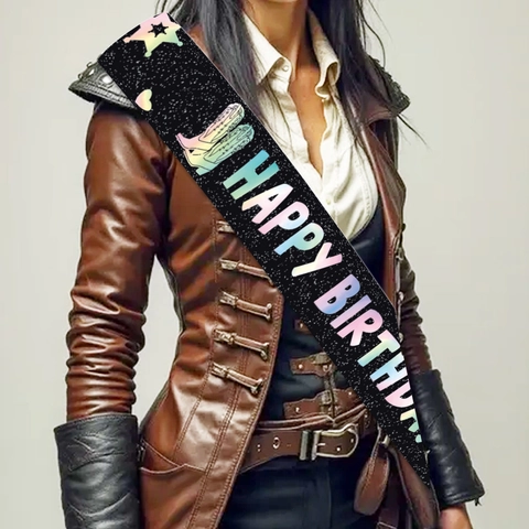 Happy Birthday Schärpe Satin Stoff Cowboy Westlicher Stil Schwarz Mit Gradienten Schriftzug Und Sicherheitsnadel