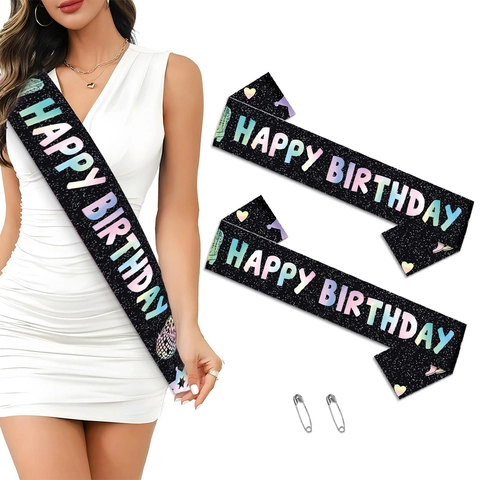 Happy Birthday Schärpe Satin Stoff Cowboy Westlicher Stil Schwarz Mit Gradienten Schriftzug Und Sicherheitsnadel