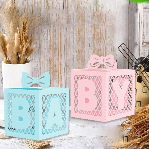 Scatola di Caramelle in Carta per Baby Shower Rivelazione del Genere Fai-da-te Scatole Regalo con Lettere BABY Vuote con Fiocco per Decorazioni Festa Compleanno