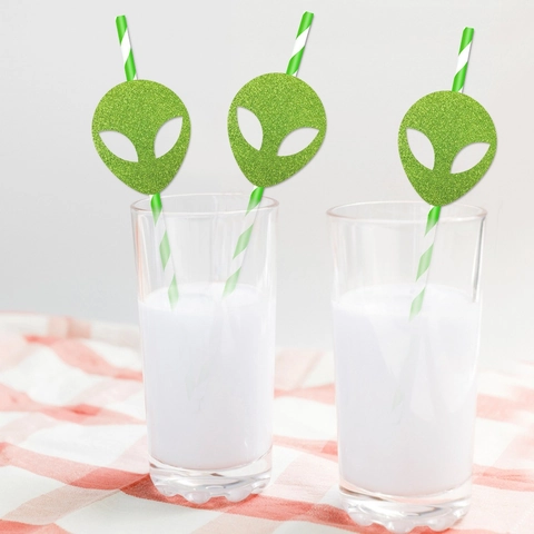 Alien Theme Decorative Straw Toppers Green Glitter Paper Striped Drinking Straws For Birthday Party Space Event