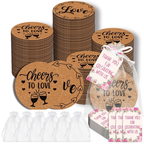 Kork-Untersetzer Mit Organza-Beuteln Und Blumen-Dankeskarten Runde Naturholz-Hochzeitsgeschenke Brautparty-Souvenirs