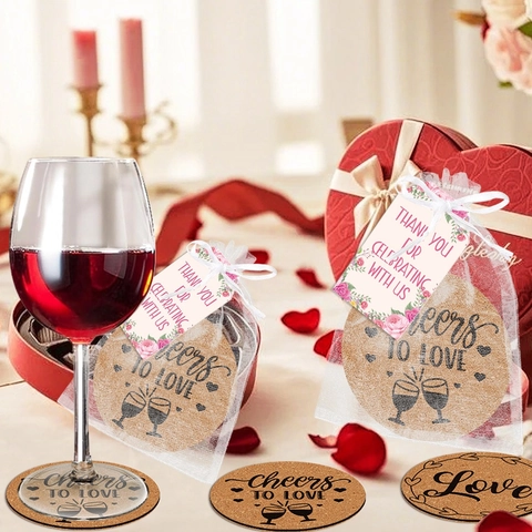 Kork-Untersetzer Mit Organza-Beuteln Und Blumen-Dankeskarten Runde Naturholz-Hochzeitsgeschenke Brautparty-Souvenirs