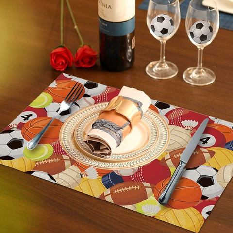 Sports Theme Linen Placemat Basketball Soccer Football Print Rectangular Burlap Table Mat For Birthday Party Decor