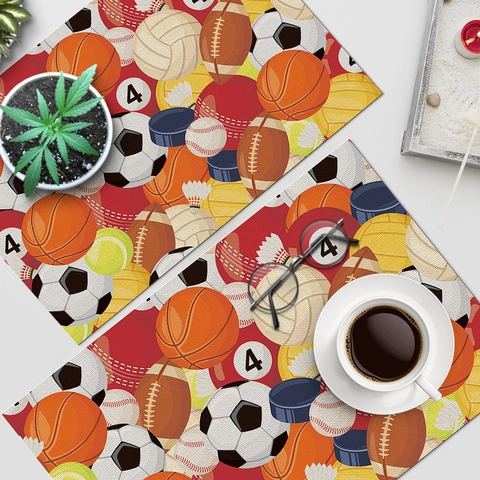 Sports Theme Linen Placemat Basketball Soccer Football Print Rectangular Burlap Table Mat For Birthday Party Decor