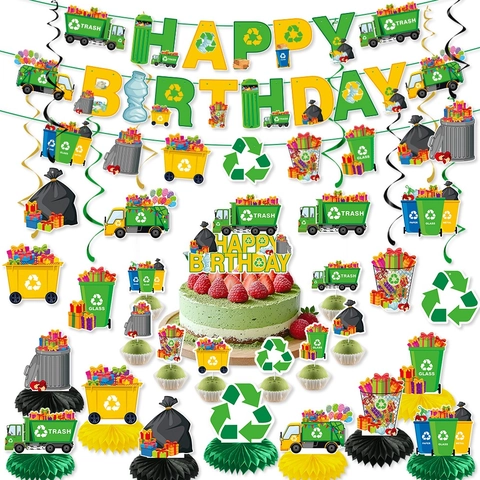 Décorations De Fête Anniversaire Thème Recyclage Carton Camion Poubelle Tri Des Déchets Bannière Décoration Gâteau Alvéolé