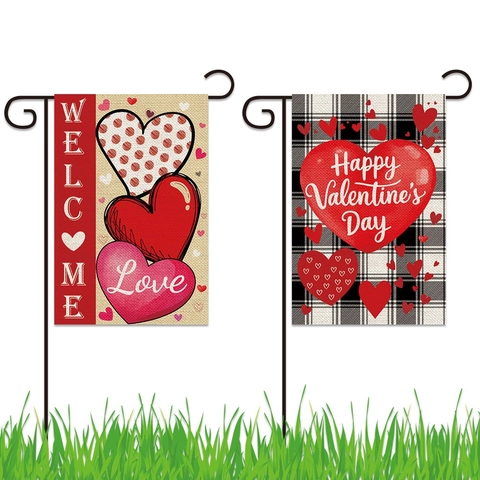 Valentijnsdag Tuinvlag Linnen Jute Hart Buffalo Plaid Buiten Yard Banner Home Party Decor Welcome Love