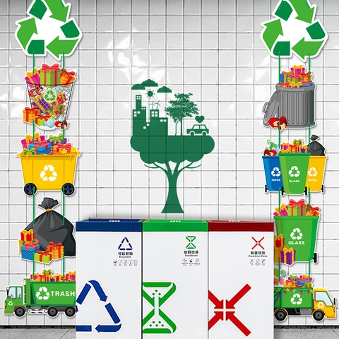 Recycling Theme Door Hangers Paper Eco-friendly Party Decor Trash Bin Garbage Truck Graphics Educational Birthday Event