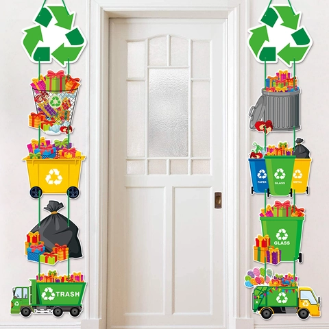 Recycling Theme Door Hangers Paper Eco-friendly Party Decor Trash Bin Garbage Truck Graphics Educational Birthday Event