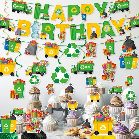 Décorations De Fête Anniversaire Thème Recyclage Carton Camion Poubelle Tri Des Déchets Bannière Décoration Gâteau Alvéolé