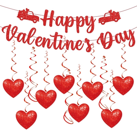 Banner Happy Valentine's Day Decorazioni Appese Spirale Cuore Glitter Rosso Sfondo Festa Romantica Carta PVC