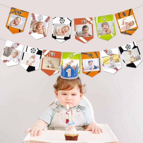 Sports Theme Baby First Birthday Milestone Photo Banner Newborn To 12 Months Football Basketball Baseball Party Decorations