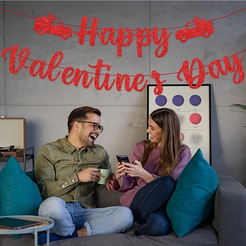 Banner Happy Valentine's Day Decorazioni Appese Spirale Cuore Glitter Rosso Sfondo Festa Romantica Carta PVC