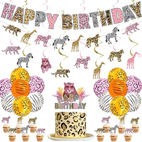 Set Decorazioni Festa Compleanno Tema Animali Foresta Giungla Motivo Leopardo Zebra Giraffa Happy Birthday Banner Palloncini Cake Topper Spirali Appese