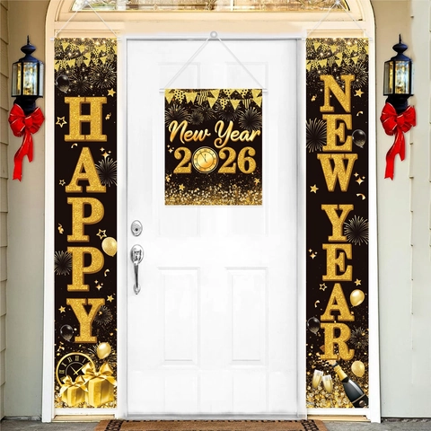Neujahr Porch Banner Polyester Stoff Schwarz Gold Festliche Party Deko 2026 Happy New Year Türschild Hängende Girlande