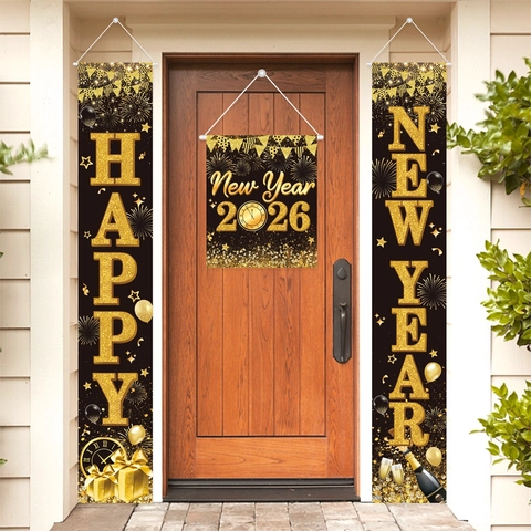 Neujahr Porch Banner Polyester Stoff Schwarz Gold Festliche Party Deko 2026 Happy New Year Türschild Hängende Girlande