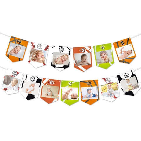 Sports Theme Baby First Birthday Milestone Photo Banner Newborn To 12 Months Football Basketball Baseball Party Decorations