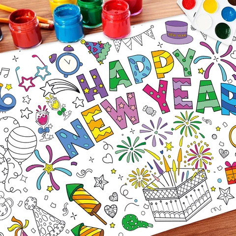 Poster Da Colorare Di Capodanno Carta DIY Graffiti Tovaglia Bambini Giocattolo Educativo Decorazione Festa