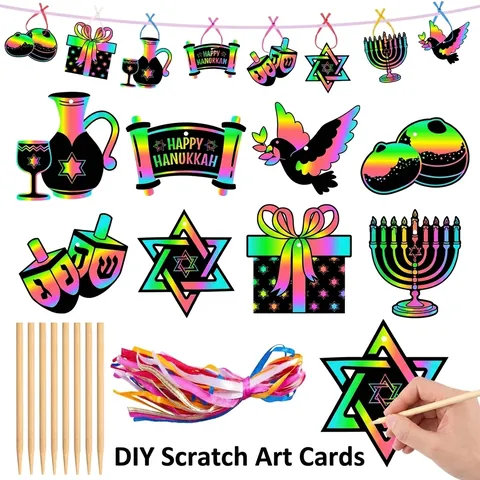 Hanukkah Carte Da Grattare DIY Arcobaleno Carta Menorah Dreidel Stella Di David Decorazione Festa Ebraica Regali Bambini