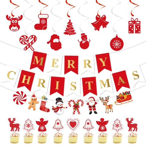Banner Buon Natale Spirali Appese Decorazioni Per Cupcake Festa Festiva Renna Babbo Natale Carta PVC