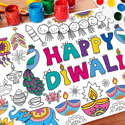 Poster Da Colorare Fai Da Te Happy Diwali Rotolo Di Carta Mandala Elefante Pavone Decorazione Festa Indiana Bambini