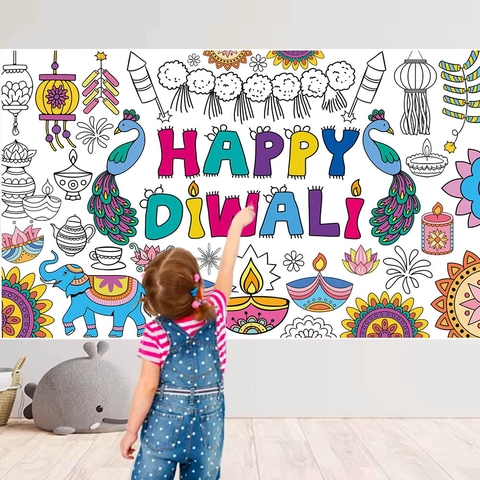 Poster Da Colorare Fai Da Te Happy Diwali Rotolo Di Carta Mandala Elefante Pavone Decorazione Festa Indiana Bambini