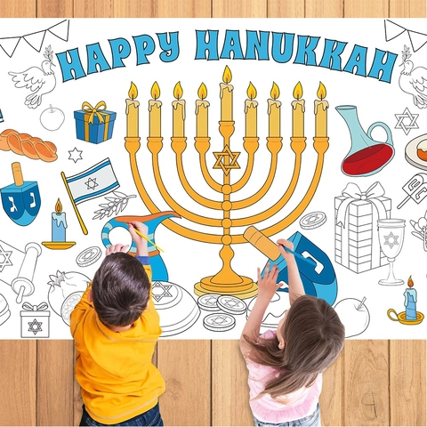 Poster Da Colorare Hanukkah Carta DIY Graffiti Banner Motivo Menorah Dreidel Decorazione Per Feste Bambini