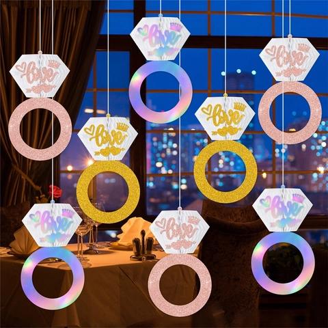 Diamond Ring Honeycomb Paper Hanging Ornaments Bachelorette Party Wedding Proposal Decoration Glitter Love Pendants