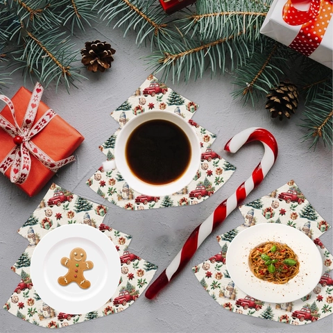 Christmas Tree Shaped Linen Placemat Red Truck Snowman Printed Holiday Festive Home Dining Table Decoration