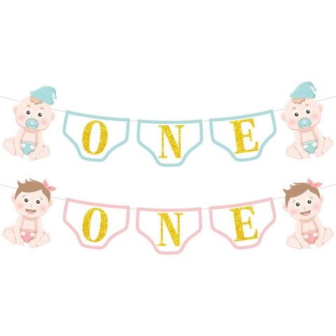 Baby First Birthday Banner Birthday Letters Gold Glitter Cardboard Diaper Shape Party Decoration Photo Prop Boy Girl