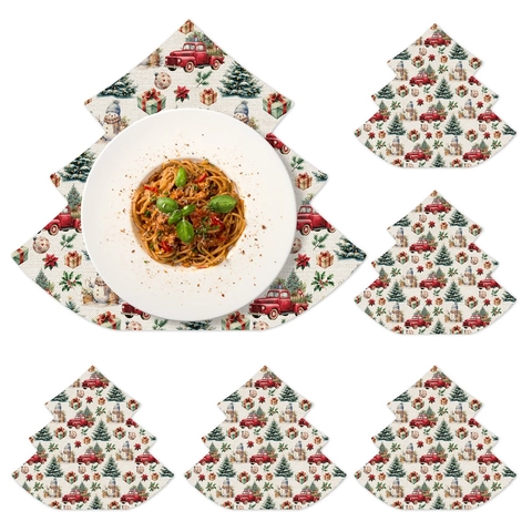 Christmas Tree Shaped Linen Placemat Red Truck Snowman Printed Holiday Festive Home Dining Table Decoration