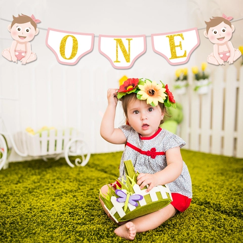 Baby First Birthday Banner Birthday Letters Gold Glitter Cardboard Diaper Shape Party Decoration Photo Prop Boy Girl