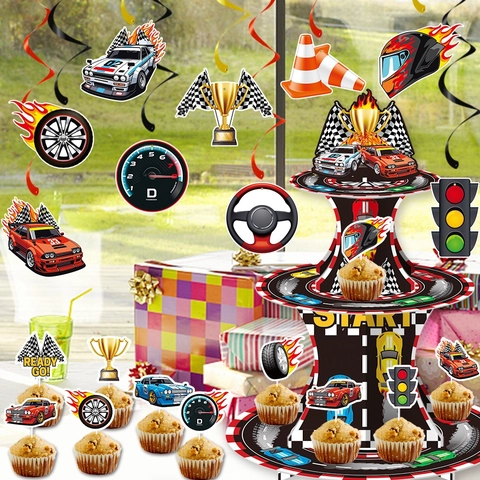 Decorazione Festa Di Compleanno Auto Da Corsa Banner Spirali Cake Topper Carta PVC Tema Sport Celebrazione Bambini