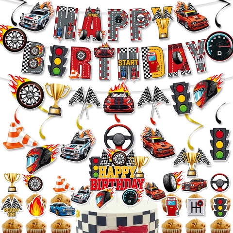 Decorazione Festa Di Compleanno Auto Da Corsa Banner Spirali Cake Topper Carta PVC Tema Sport Celebrazione Bambini