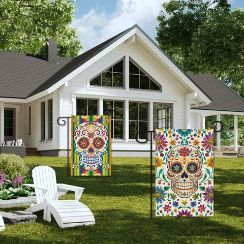 Drapeau De Jardin Jour Des Morts Mexicain Lin Crâne De Sucre Coloré Floral Extérieur Décoration Bannière