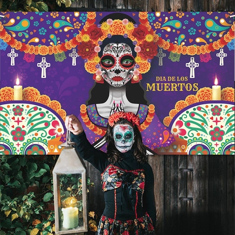 Day Of The Dead Backdrop Polyester Cloth Mexican Dia De Los Muertos Banner Catrina Skull Marigold Party Decoration