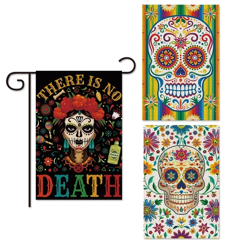 Drapeau De Jardin Jour Des Morts Mexicain Lin Crâne De Sucre Coloré Floral Extérieur Décoration Bannière