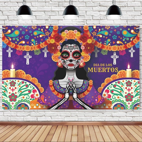 Day Of The Dead Backdrop Polyester Cloth Mexican Dia De Los Muertos Banner Catrina Skull Marigold Party Decoration