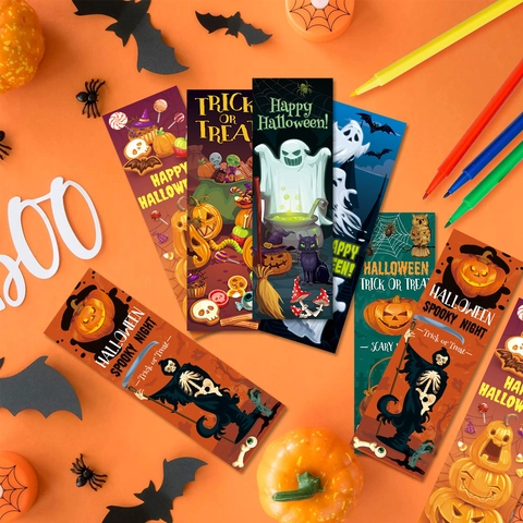 Marque-pages Thème Halloween Citrouille Fantôme Crâne Chauve-souris Papier Cartonné Double Face Étiquettes de Livre Décorations