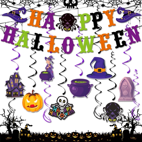 Halloween Party Hanging Paper Banner Spiral Swirls Pumpkin Ghost Spider Haunted House Atmosphere Interior Decoration