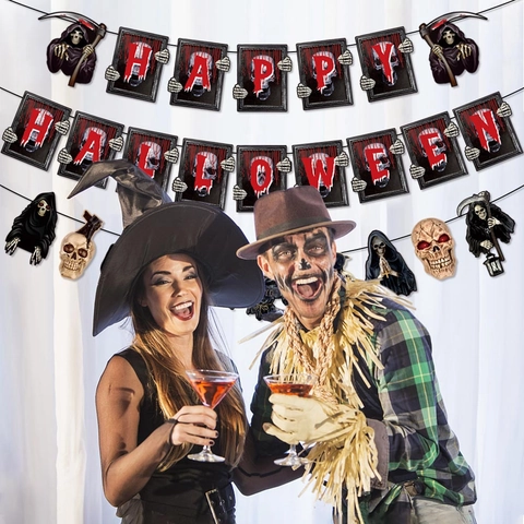 Banner Decorazione Festa Halloween Spaventoso Tristo Mietitore Teschio Ghirlanda Cartone Lettera Sanguinante Arredamento Casa Stregata