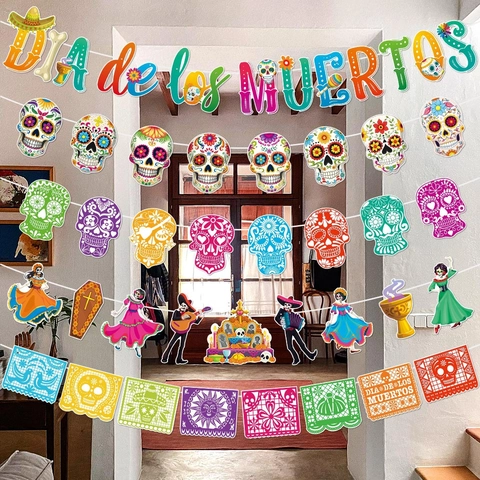 Mexikanische Tag Der Toten Party Banner Dia De Los Muertos Zucker Schädel Girlande Buntes Papier Papel Picado Dekoration