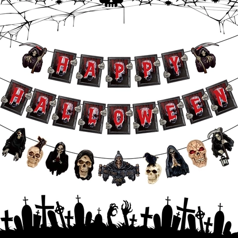 Banner Decorazione Festa Halloween Spaventoso Tristo Mietitore Teschio Ghirlanda Cartone Lettera Sanguinante Arredamento Casa Stregata