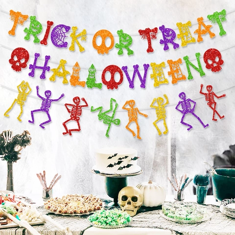 Banner Decorazione Halloween Carta Luccicante Trick Or Treat Lettera Scheletro Ghirlanda Casa Stregata Festa Decorazione