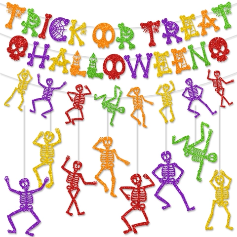 Banner Decorazione Halloween Carta Luccicante Trick Or Treat Lettera Scheletro Ghirlanda Casa Stregata Festa Decorazione