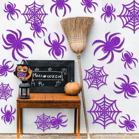 Adesivi Murali Halloween Ragno E Ragnatela Glitterati Viola Set Decorazioni DIY Per Finestra Casa Festa Horror