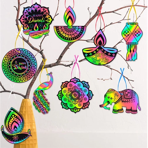 Diwali Scratch Art Paper DIY Indian Festival Hanging Ornaments Rainbow Colors With Wooden Tools For Kids Party Decor