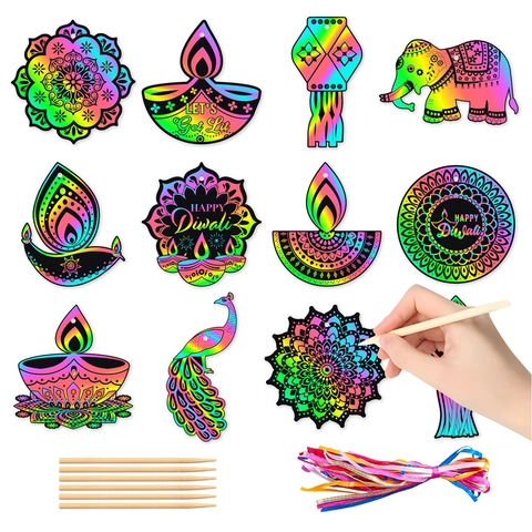 Diwali Scratch Art Paper DIY Indian Festival Hanging Ornaments Rainbow Colors With Wooden Tools For Kids Party Decor